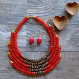Exotic 'Akala' Red Necklace WITH Earrings (New!)